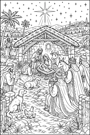 Natività in una stalla con Sacra Famiglia, pastori, Re Magi, animali, palme e grande stella nel cielo notturno.