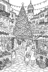 Mercatino di Natale con grande albero in piazza disegno da colorare PDF gratis