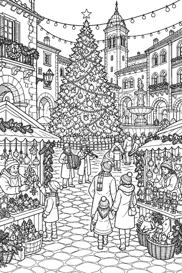 Mercatino di Natale in una piazza storica con grande albero decorato, bancarelle, fontana, musicisti e famiglie.
