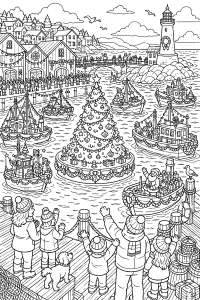 Porto di Natale con albero galleggiante e Babbo Natale disegno da colorare PDF gratis