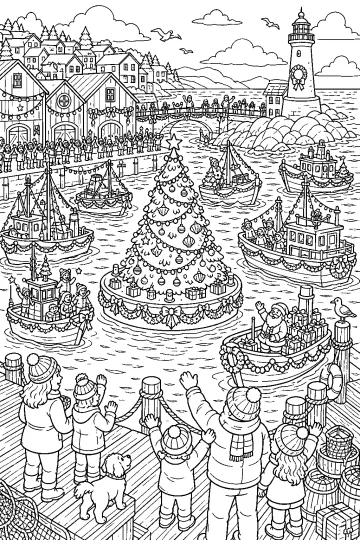Porto di Natale con albero decorato galleggiante, barche addobbate, Babbo Natale con regali e faro