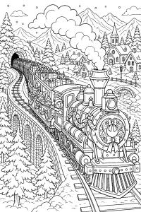 Treno di Natale con regali e folletti disegno da colorare PDF gratis
