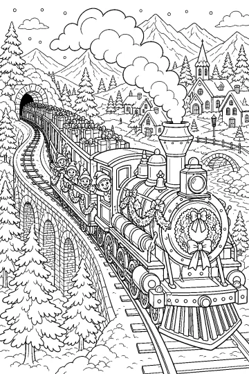 Disegno da colorare di un treno di Natale con regali, folletti, ponte, abeti e montagne innevate.