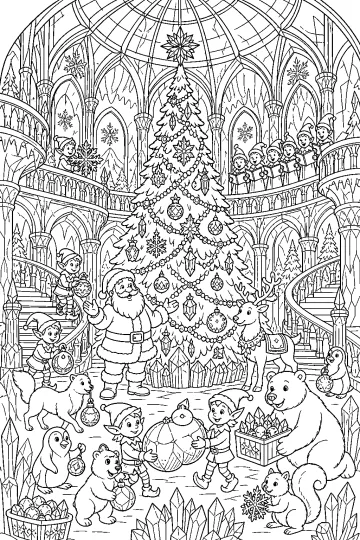 Babbo Natale davanti a un grande albero di Natale in un palazzo di ghiaccio, con elfi e animali artici