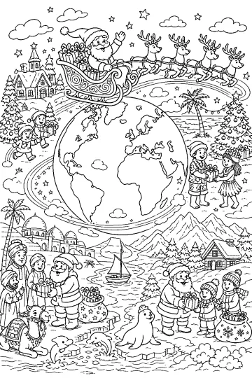 Disegno da colorare con grande globo, Babbo Natale sulla slitta con renne e scene natalizie in paesaggi del mondo.