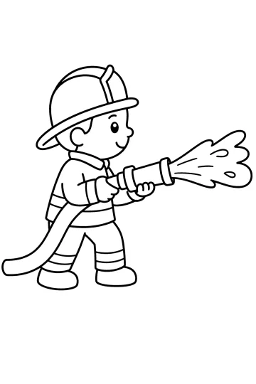 Kleurplaat van een brandweerman met helm die een straalpijp aan een brandslang vasthoudt en water spuit.
