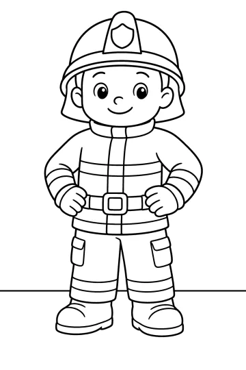 Disegno da colorare di un vigile del fuoco sorridente in uniforme con casco, cintura e stivali