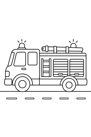 Disegno da colorare di un'autopompa dei vigili del fuoco vista di lato, con luci sul tetto, scala e due grandi ruote.