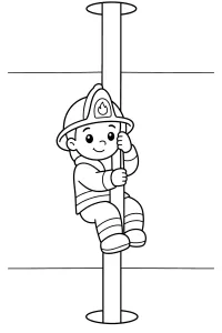Firefighter on the fire station pole coloring page free PDF