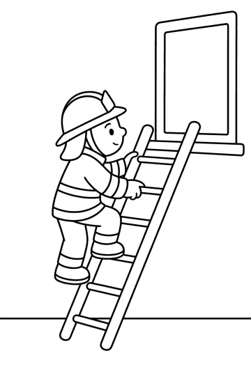 Disegno di un vigile del fuoco con casco che sale su una scala appoggiata a un edificio con grande finestra