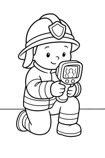 Dibujo para colorear de un bombero arrodillado con una cámara térmica portátil