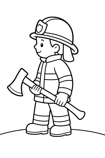 Disegno di un vigile del fuoco con casco e uniforme che tiene una grande ascia