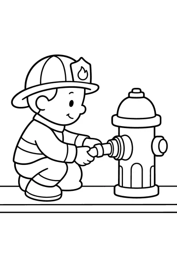 Drawing of a firefighter kneeling while attaching a connector to a large fire hydrant