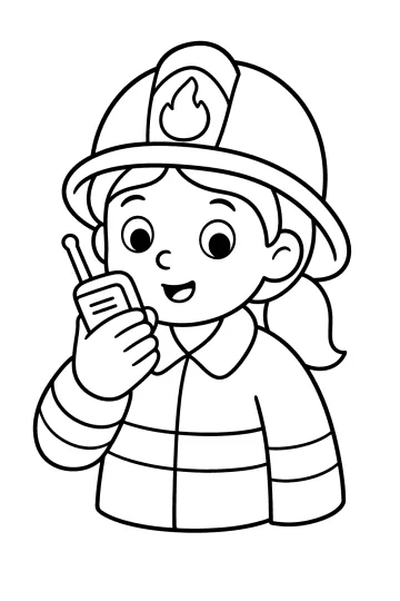 Dibujo para colorear de una bombera sonriente con casco y radio portátil