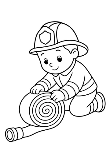 Disegno di un giovane vigile del fuoco inginocchiato che arrotola una manichetta