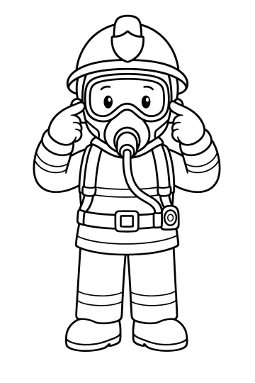 Desenho para colorir de um bombeiro com capacete, máscara respiratória e tubo na frente