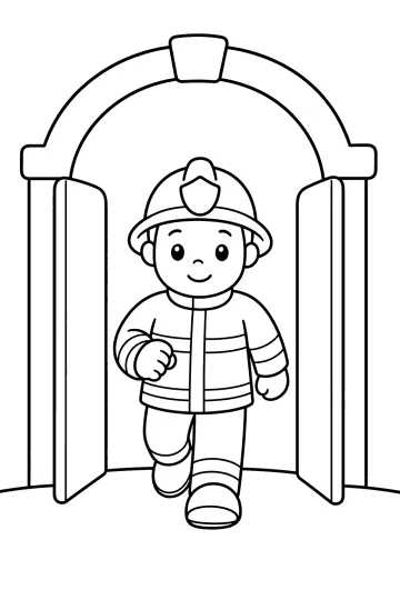 Disegno da colorare di un vigile del fuoco che cammina fuori dalla porta aperta della caserma
