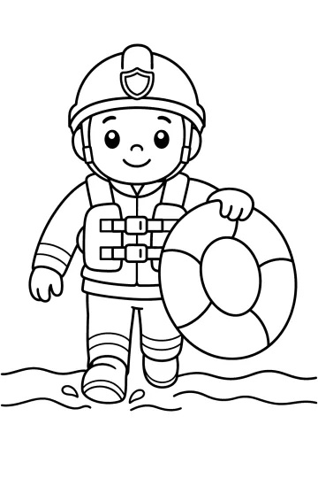 Smiling firefighter wearing a helmet and rescue jacket, holding a life ring in water