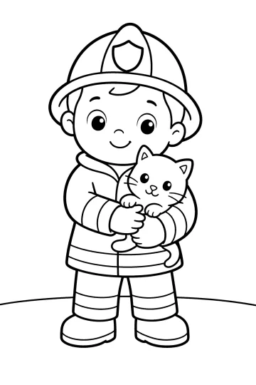 Desenho para colorir de um bombeiro com capacete segurando um gatinho nos braços