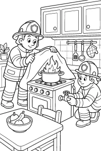 Vigili del fuoco in cucina disegno da colorare PDF gratis