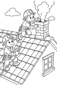 Vigili del fuoco sul tetto con camino fumante disegno da colorare PDF gratis