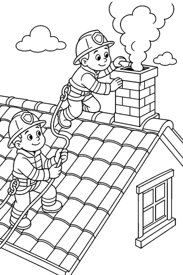 Twee brandweerlieden op een pannendak naast een schoorsteen waar rook uit komt