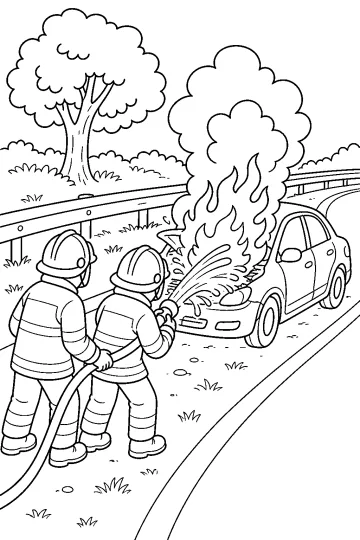 Zwei Feuerwehrleute spritzen Wasser auf ein Auto mit Flammen an der Motorhaube neben einer Straße mit Leitplanke.