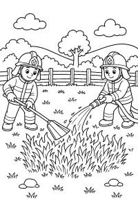 Bombeiros apagam incêndio no campo desenho para colorir PDF grátis