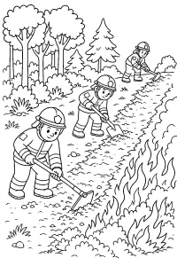 Vigili del fuoco creano una linea tagliafuoco disegno da colorare PDF gratis
