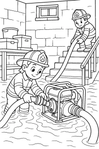 Bombeiros com bomba em porão alagado desenho para colorir PDF grátis