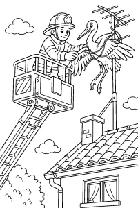 Vigile del fuoco salva una cicogna sul tetto disegno da colorare PDF gratis