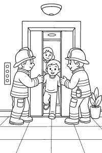 Vigili del fuoco aiutano un bambino dall'ascensore disegno da colorare PDF gratis