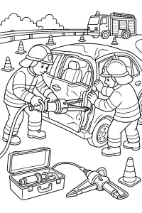 Vigili del fuoco aprono la portiera di un'auto disegno da colorare PDF gratis