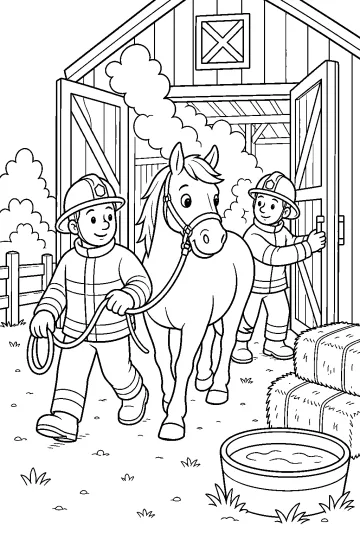 Bomberos guiando a un caballo fuera de un establo con humo, pacas de heno y bebedero.