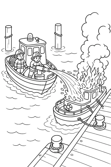Feuerwehrleute auf einem Boot spritzen Wasser auf ein brennendes Boot neben einem Steg.
