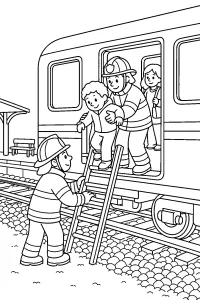 Vigili del fuoco aiutano un bambino dal treno disegno da colorare PDF gratis