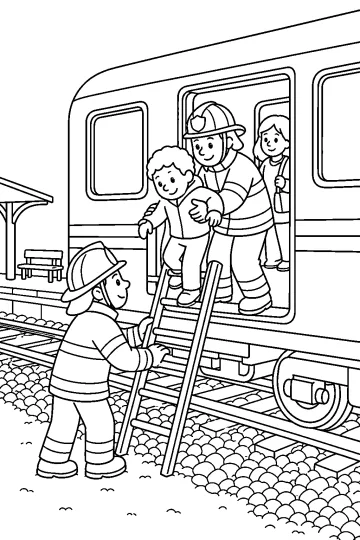 Bombeiros ajudam uma criança a descer de um trem com uma escada