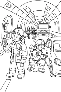 Vigili del fuoco nel tunnel disegno da colorare PDF gratis