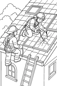 Vigili del fuoco sul tetto con pannello solare disegno da colorare PDF gratis