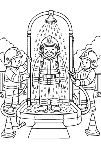 Feuerwehrleute an der Dekontaminationsdusche malvorlage kostenlos PDF