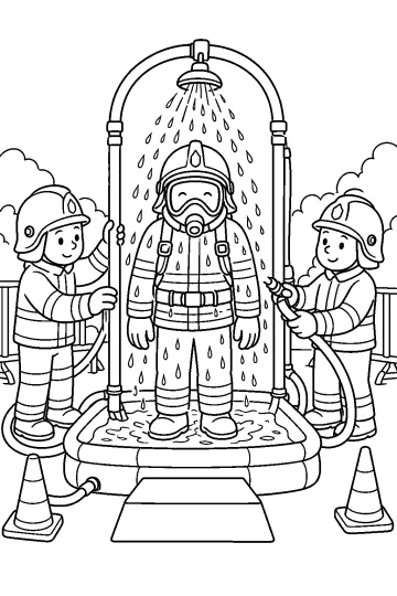 Trois pompiers casqués autour d'une douche de décontamination, avec un pompier sous l'eau.