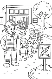 Vigile del fuoco alla prova di evacuazione scolastica disegno da colorare PDF gratis