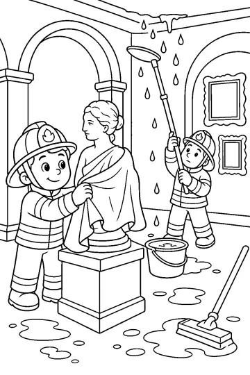 Due vigili del fuoco in un museo proteggono una statua coperta da un telo mentre dal soffitto cadono gocce d'acqua.