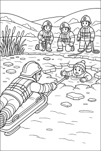 Vigili del fuoco salvano una persona sul ghiaccio disegno da colorare PDF gratis