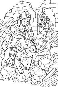 Bombeiros com cão entre os escombros desenho para colorir PDF grátis