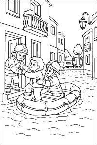 Vigili del fuoco salvano un bambino dall'alluvione disegno da colorare PDF gratis