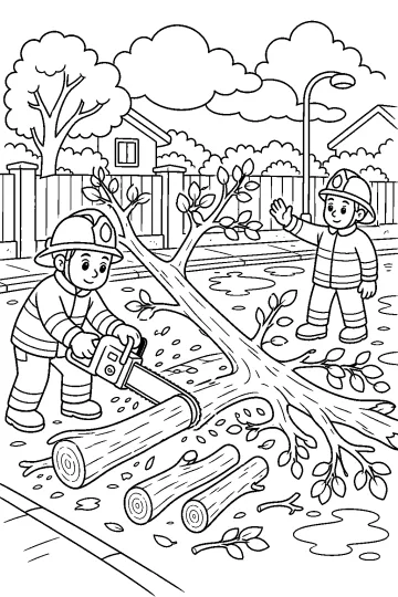 Deux pompiers coupent un grand arbre tombé dans une rue avec des maisons, une clôture et des flaques.