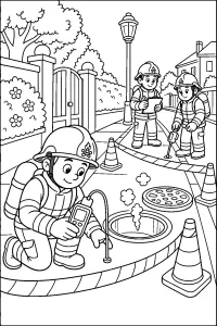 Vigili del fuoco controllano un tombino disegno da colorare PDF gratis