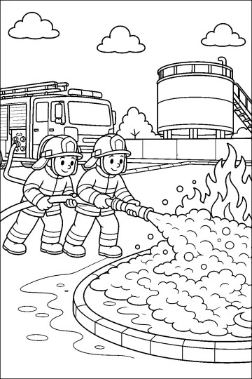Dois bombeiros usam uma mangueira para espalhar espuma diante das chamas, com caminhão de bombeiros e grande tanque.