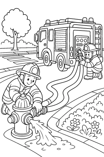 Disegno da colorare di vigili del fuoco che collegano le manichette a un idrante davanti a un camion dei pompieri.